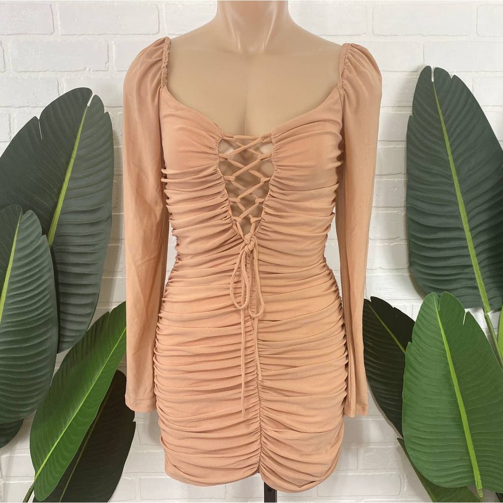 O. Vianca blush pink ruched lace up mini dress